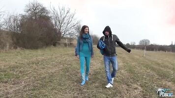 Russian slut drilled hard by two horny strangers in public