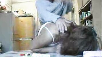 Blowjob with a brutally exploited girl in a porn movie.