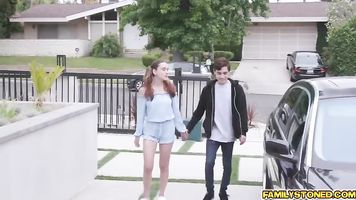 Stepdad bends Lily Glee over on his desk and and slaps her pussy aggressively before punishing her