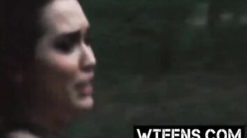 Scared brunette teen running topless fell in the arms of abusive guy
